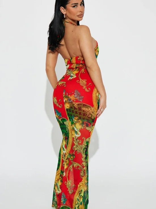 Fiona Mesh Halter Neck Red & Green Baroque Print Maxi Dress - Picture 2 of 5